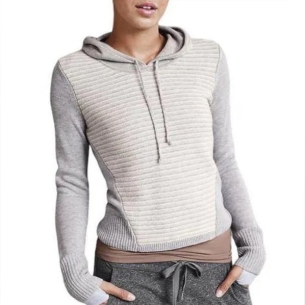 Athleta Noe 100% Merino Extra Fine Wool Striped Hoodie Hooded Sweater Small S